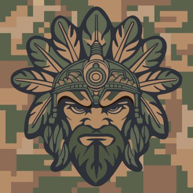 Koyu renkli kamuflaj arka planında stilize edilmiş yapraklar ve süslü etnik detaylarla çevrili sert yüzlü kabile maskeli savaşçı kızılderili.