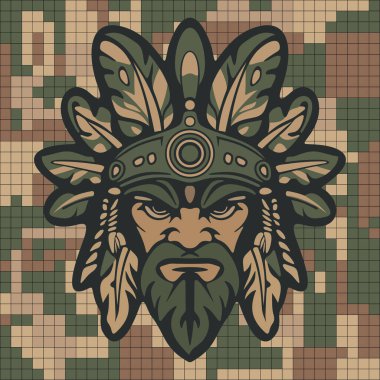 Koyu renkli kamuflaj arka planında stilize edilmiş yapraklar ve süslü etnik detaylarla çevrili sert yüzlü kabile maskeli savaşçı kızılderili.