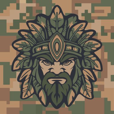 Koyu renkli kamuflaj arka planında stilize edilmiş yapraklar ve süslü etnik detaylarla çevrili sert yüzlü kabile maskeli savaşçı kızılderili.