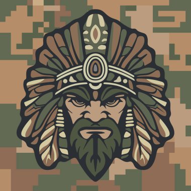 Koyu renkli kamuflaj arka planında stilize edilmiş yapraklar ve süslü etnik detaylarla çevrili sert yüzlü kabile maskeli savaşçı kızılderili.