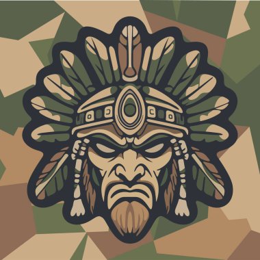 Koyu renkli kamuflaj arka planında stilize edilmiş yapraklar ve süslü etnik detaylarla çevrili sert yüzlü kabile maskeli savaşçı kızılderili.