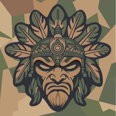 Koyu renkli kamuflaj arka planında stilize edilmiş yapraklar ve süslü etnik detaylarla çevrili sert yüzlü kabile maskeli savaşçı kızılderili.