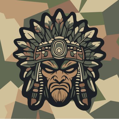 Koyu renkli kamuflaj arka planında stilize edilmiş yapraklar ve süslü etnik detaylarla çevrili sert yüzlü kabile maskeli savaşçı kızılderili.