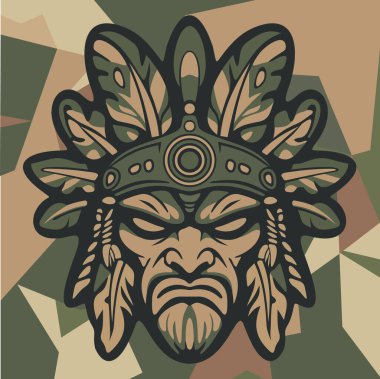 Koyu renkli kamuflaj arka planında stilize edilmiş yapraklar ve süslü etnik detaylarla çevrili sert yüzlü kabile maskeli savaşçı kızılderili.