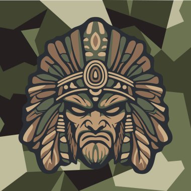Koyu renkli kamuflaj arka planında stilize edilmiş yapraklar ve süslü etnik detaylarla çevrili sert yüzlü kabile maskeli savaşçı kızılderili.
