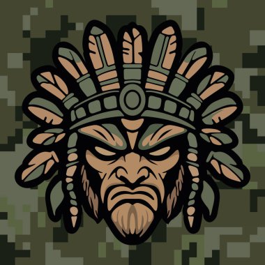 Koyu renkli kamuflaj arka planında stilize edilmiş yapraklar ve süslü etnik detaylarla çevrili sert yüzlü kabile maskeli savaşçı kızılderili.