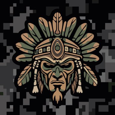 Koyu renkli kamuflaj arka planında stilize edilmiş yapraklar ve süslü etnik detaylarla çevrili sert yüzlü kabile maskeli savaşçı kızılderili.