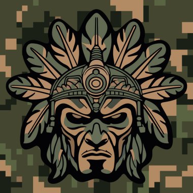 Koyu renkli kamuflaj arka planında stilize edilmiş yapraklar ve süslü etnik detaylarla çevrili sert yüzlü kabile maskeli savaşçı kızılderili.
