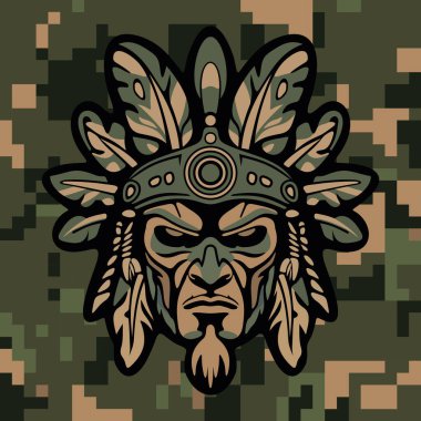 Koyu renkli kamuflaj arka planında stilize edilmiş yapraklar ve süslü etnik detaylarla çevrili sert yüzlü kabile maskeli savaşçı kızılderili.