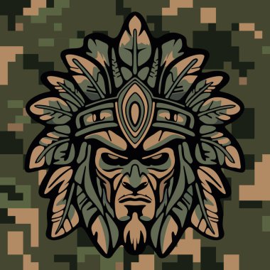 Koyu renkli kamuflaj arka planında stilize edilmiş yapraklar ve süslü etnik detaylarla çevrili sert yüzlü kabile maskeli savaşçı kızılderili.