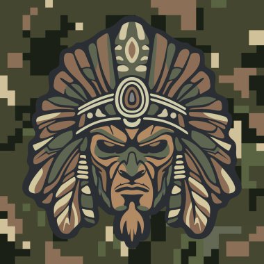 Koyu renkli kamuflaj arka planında stilize edilmiş yapraklar ve süslü etnik detaylarla çevrili sert yüzlü kabile maskeli savaşçı kızılderili.