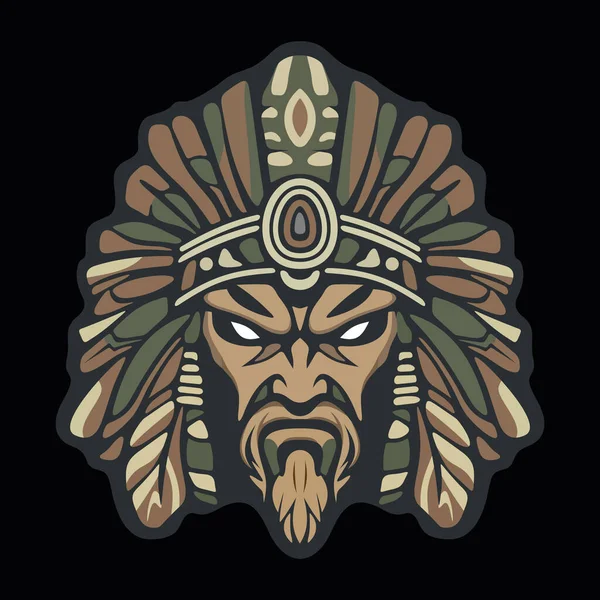 Koyu renkli kamuflaj arka planında stilize edilmiş yapraklar ve süslü etnik detaylarla çevrili sert yüzlü kabile maskeli savaşçı kızılderili.