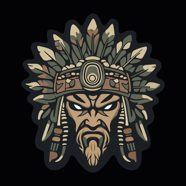 Koyu renkli kamuflaj arka planında stilize edilmiş yapraklar ve süslü etnik detaylarla çevrili sert yüzlü kabile maskeli savaşçı kızılderili.