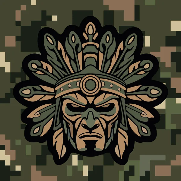 Koyu renkli kamuflaj arka planında stilize edilmiş yapraklar ve süslü etnik detaylarla çevrili sert yüzlü kabile maskeli savaşçı kızılderili.