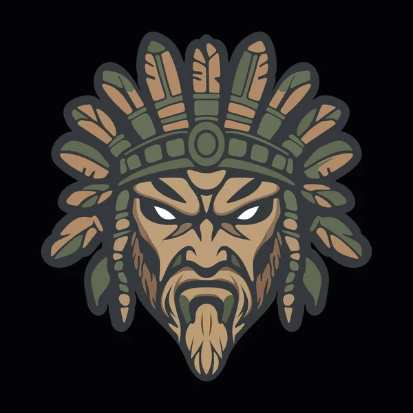Koyu renkli kamuflaj arka planında stilize edilmiş yapraklar ve süslü etnik detaylarla çevrili sert yüzlü kabile maskeli savaşçı kızılderili.