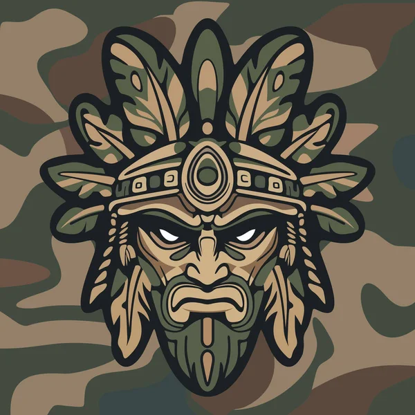 Koyu renkli kamuflaj arka planında stilize edilmiş yapraklar ve süslü etnik detaylarla çevrili sert yüzlü kabile maskeli savaşçı kızılderili.