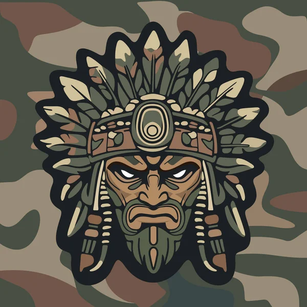 Koyu renkli kamuflaj arka planında stilize edilmiş yapraklar ve süslü etnik detaylarla çevrili sert yüzlü kabile maskeli savaşçı kızılderili.