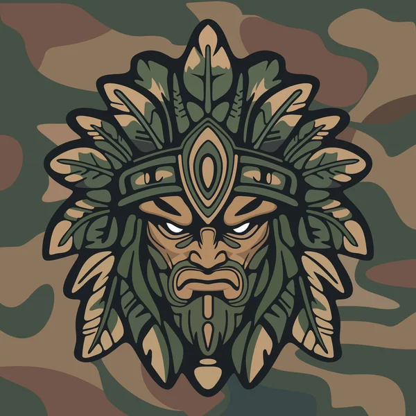 Koyu renkli kamuflaj arka planında stilize edilmiş yapraklar ve süslü etnik detaylarla çevrili sert yüzlü kabile maskeli savaşçı kızılderili.