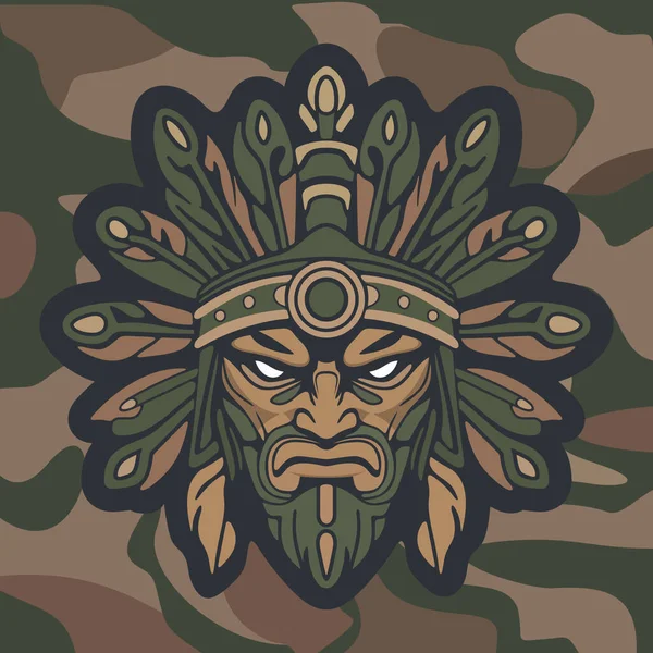 Koyu renkli kamuflaj arka planında stilize edilmiş yapraklar ve süslü etnik detaylarla çevrili sert yüzlü kabile maskeli savaşçı kızılderili.