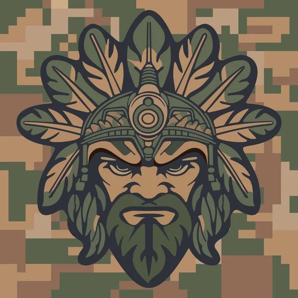 Koyu renkli kamuflaj arka planında stilize edilmiş yapraklar ve süslü etnik detaylarla çevrili sert yüzlü kabile maskeli savaşçı kızılderili.