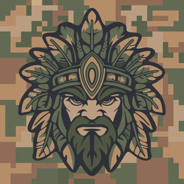 Koyu renkli kamuflaj arka planında stilize edilmiş yapraklar ve süslü etnik detaylarla çevrili sert yüzlü kabile maskeli savaşçı kızılderili.