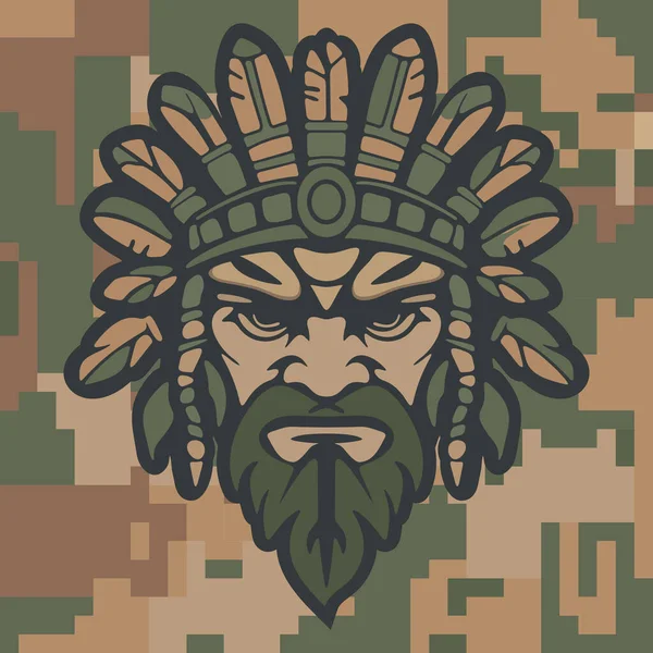 Koyu renkli kamuflaj arka planında stilize edilmiş yapraklar ve süslü etnik detaylarla çevrili sert yüzlü kabile maskeli savaşçı kızılderili.