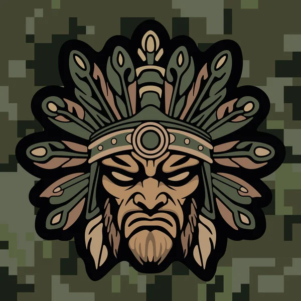 Koyu renkli kamuflaj arka planında stilize edilmiş yapraklar ve süslü etnik detaylarla çevrili sert yüzlü kabile maskeli savaşçı kızılderili.