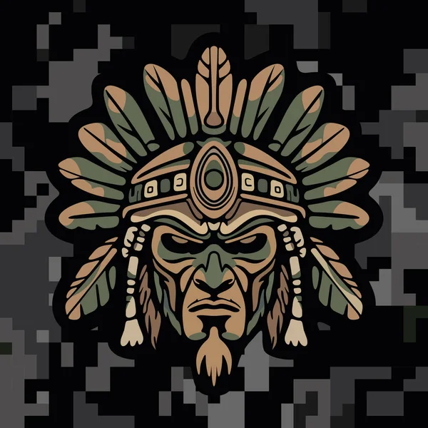 Koyu renkli kamuflaj arka planında stilize edilmiş yapraklar ve süslü etnik detaylarla çevrili sert yüzlü kabile maskeli savaşçı kızılderili.