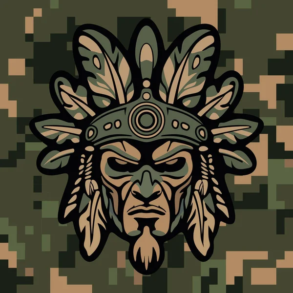 Koyu renkli kamuflaj arka planında stilize edilmiş yapraklar ve süslü etnik detaylarla çevrili sert yüzlü kabile maskeli savaşçı kızılderili.