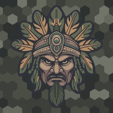 Sert yüzlü kabile maskeli Kızılderili savaşçıları stilize edilmiş yapraklar ve bal peteği desenli koyu renkli kamuflaj arka planında süslü etnik detaylarla çevrili.