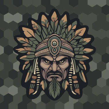 Sert yüzlü kabile maskeli Kızılderili savaşçıları stilize edilmiş yapraklar ve bal peteği desenli koyu renkli kamuflaj arka planında süslü etnik detaylarla çevrili.
