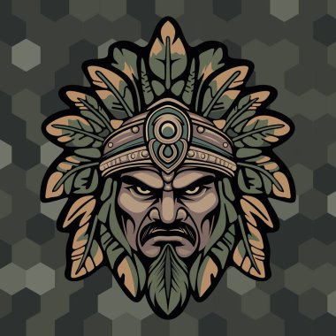 Sert yüzlü kabile maskeli Kızılderili savaşçıları stilize edilmiş yapraklar ve bal peteği desenli koyu renkli kamuflaj arka planında süslü etnik detaylarla çevrili.