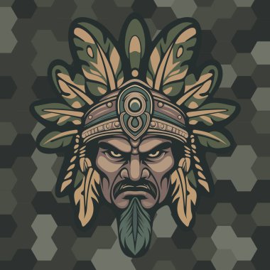 Sert yüzlü kabile maskeli Kızılderili savaşçıları stilize edilmiş yapraklar ve bal peteği desenli koyu renkli kamuflaj arka planında süslü etnik detaylarla çevrili.