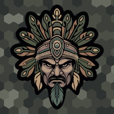 Sert yüzlü kabile maskeli Kızılderili savaşçıları stilize edilmiş yapraklar ve bal peteği desenli koyu renkli kamuflaj arka planında süslü etnik detaylarla çevrili.