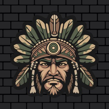 Sert yüzlü kabile maskeli kızılderili savaşçıları stilize edilmiş yapraklar ve koyu renkli tuğla arka planda süslü etnik detaylarla çevrili.