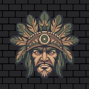 Sert yüzlü, stilize yapraklarla çevrili kabile maskeli savaşçı kızılderili. Tuğla duvarın arka planında süslü etnik detaylar var.