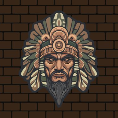 Sert yüzlü, stilize yapraklarla çevrili kabile maskeli savaşçı kızılderili. Tuğla duvarın arka planında süslü etnik detaylar var.