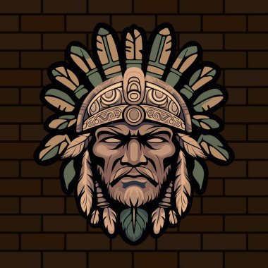 Sert yüzlü, stilize yapraklarla çevrili kabile maskeli savaşçı kızılderili. Tuğla duvarın arka planında süslü etnik detaylar var.