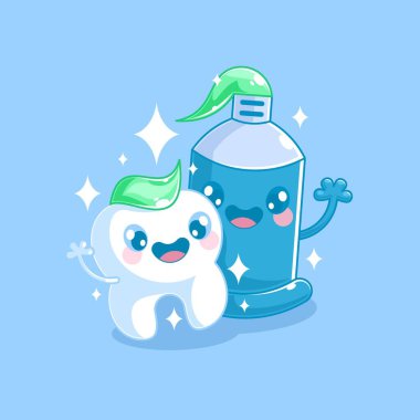 Şirin kawaii çizgi filmi diş fırçası ile gülümseyen sevimli diş. vektör çizgi film karakteri çizimi arka planda izole edildi. Diş bakımı, hijyen, sağlık hizmetleri, diş bakımı