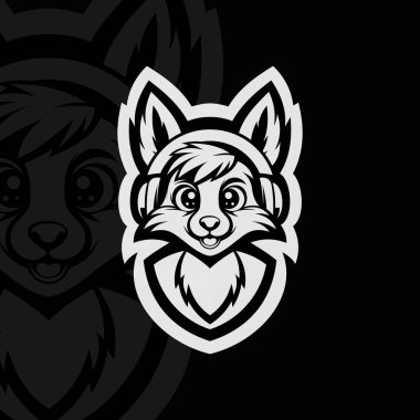 Kulaklık takan kurt esport çizim karakteri, siyah beyaz.
