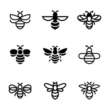 Şirin düz arı simgeleri seti, siyah beyaz v9
