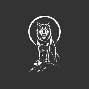 Dağın tepesinde uluyan mistik kurt silueti marka kimliği ve logo tasarımı için güç ve özgürlük uyandırıyor.