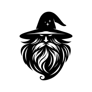 Güçlü ve gizemli bir büyücü logosu, koyu siyah beyaz yapılmış. Bu monokrom tasarımı klasik bir sihirbazın sivri uçlu şapkası, uzun sakalı ve sihirli varlığıyla fantezi markaları, oyun stüdyoları veya mistik şahsi markalaşma için mükemmeldir..