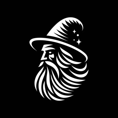 Güçlü ve gizemli bir büyücü logosu, koyu siyah beyaz yapılmış. Bu monokrom tasarımı klasik bir sihirbazın sivri uçlu şapkası, uzun sakalı ve sihirli varlığıyla fantezi markaları, oyun stüdyoları veya mistik şahsi markalaşma için mükemmeldir..