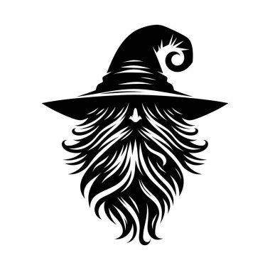 Güçlü ve gizemli bir büyücü logosu, koyu siyah beyaz yapılmış. Bu monokrom tasarımı klasik bir sihirbazın sivri uçlu şapkası, uzun sakalı ve sihirli varlığıyla fantezi markaları, oyun stüdyoları veya mistik şahsi markalaşma için mükemmeldir..