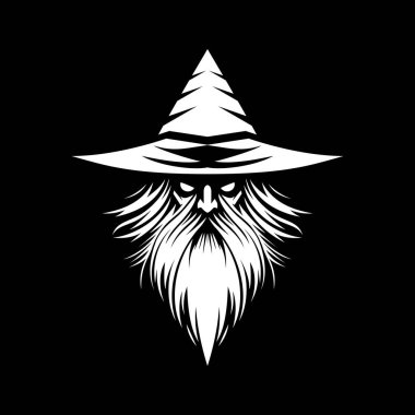 Güçlü ve gizemli bir büyücü logosu, koyu siyah beyaz yapılmış. Bu monokrom tasarımı klasik bir sihirbazın sivri uçlu şapkası, uzun sakalı ve sihirli varlığıyla fantezi markaları, oyun stüdyoları veya mistik şahsi markalaşma için mükemmeldir..