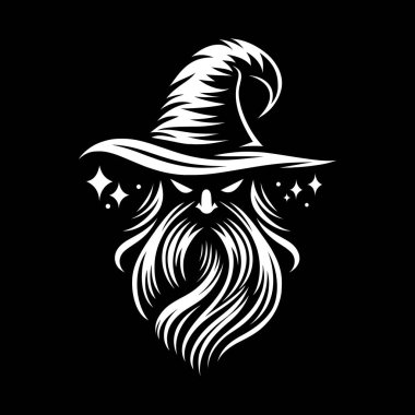 Güçlü ve gizemli bir büyücü logosu, koyu siyah beyaz yapılmış. Bu monokrom tasarımı klasik bir sihirbazın sivri uçlu şapkası, uzun sakalı ve sihirli varlığıyla fantezi markaları, oyun stüdyoları veya mistik şahsi markalaşma için mükemmeldir..