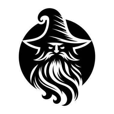 Güçlü ve gizemli bir büyücü logosu, koyu siyah beyaz yapılmış. Bu monokrom tasarımı klasik bir sihirbazın sivri uçlu şapkası, uzun sakalı ve sihirli varlığıyla fantezi markaları, oyun stüdyoları veya mistik şahsi markalaşma için mükemmeldir..