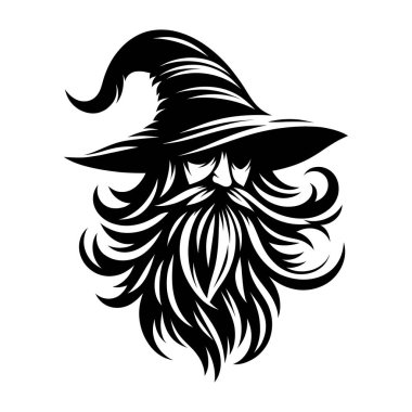 Güçlü ve gizemli bir büyücü logosu, koyu siyah beyaz yapılmış. Bu monokrom tasarımı klasik bir sihirbazın sivri uçlu şapkası, uzun sakalı ve sihirli varlığıyla fantezi markaları, oyun stüdyoları veya mistik şahsi markalaşma için mükemmeldir..