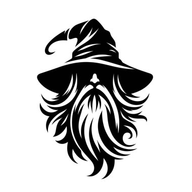 Güçlü ve gizemli bir büyücü logosu, koyu siyah beyaz yapılmış. Bu monokrom tasarımı klasik bir sihirbazın sivri uçlu şapkası, uzun sakalı ve sihirli varlığıyla fantezi markaları, oyun stüdyoları veya mistik şahsi markalaşma için mükemmeldir..